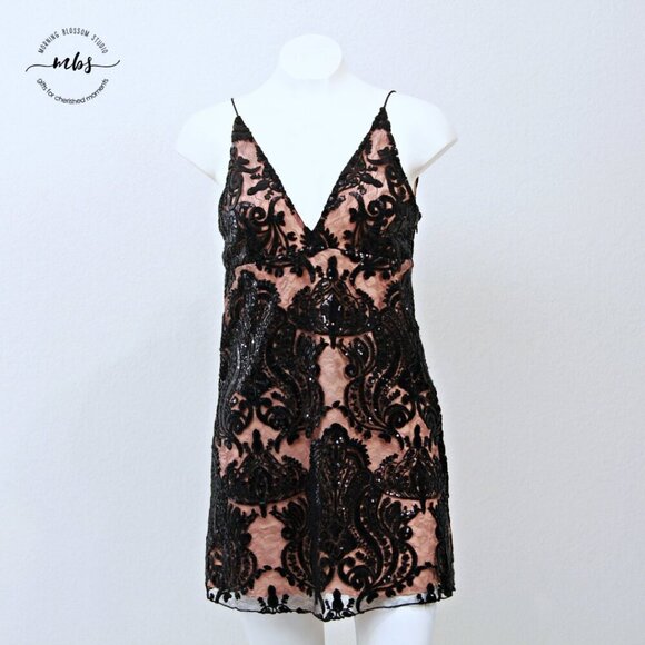 Free People Night Shimmers Lace Sequin Sleeveless Mini Dress Black Tan Women 4 - Picture 6 of 12